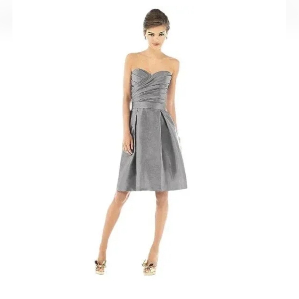 NWT Alfred Sung Iridescent Lt Grey Strapless Cocktail Dress Sz 10 Pockets, Belt